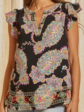 Savanna Jane Black Paisley Flutter-Sleeve V-Notch Blouse with Multicolor Print